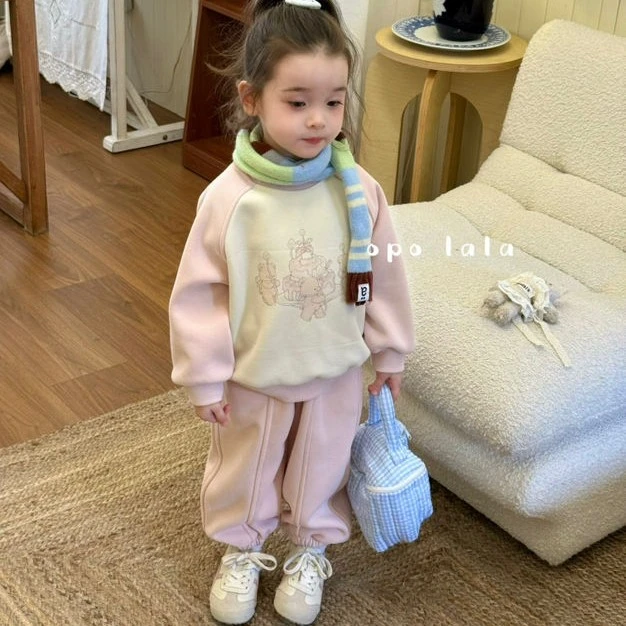 opolala  可爱女童秋冬加绒加厚插肩袖卫衣套装