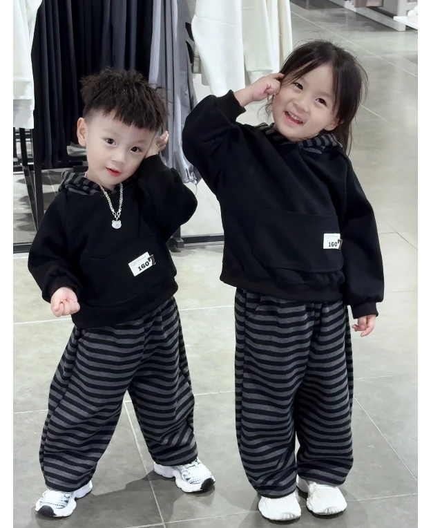 【兄妹款】秋装2025新款儿童时髦韩版连帽卫衣休闲条纹裤子两件套潮