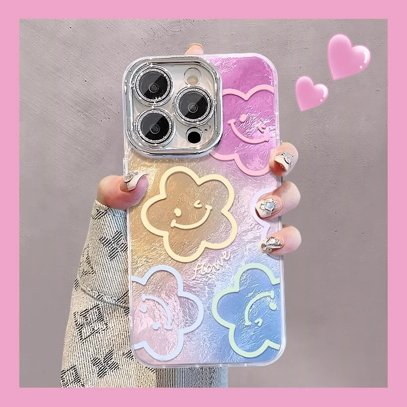 渐变色笑脸花适用苹果16promax手机壳女款iPhone13全包防17promax