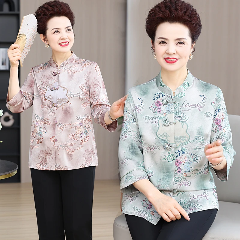 中老年女装夏装洋气中袖衬衫薄款中年妈妈装春装老年人奶奶装衬衣