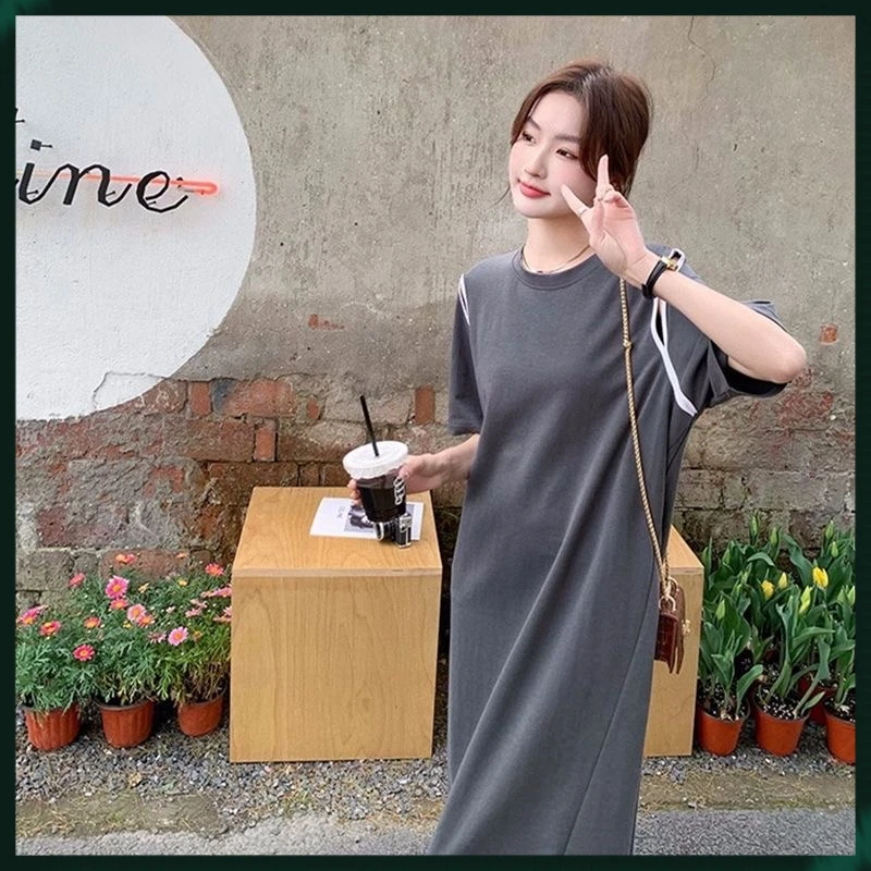 特大码斤胖设计感镂空过膝长款恤裙夏季宽松遮肚显瘦连衣裙