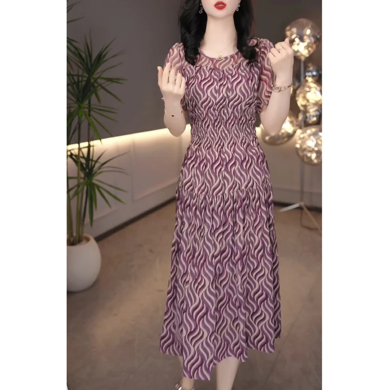 2025夏新款法式圆领印花短袖连衣裙女中长款时尚气质大摆遮肚裙子