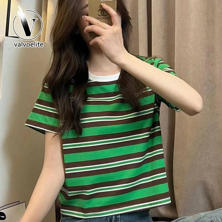 VALVOELITE新款宽松洋气减龄绿色条纹短袖t恤短款高腰显瘦上衣夏