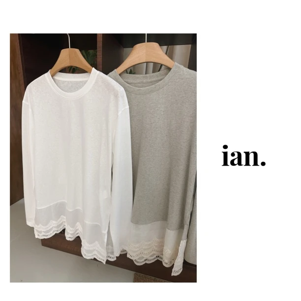 【ian】纯色圆领长袖T恤拼接蕾丝花边宽松甜美上衣