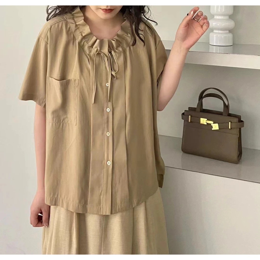 C-129圆领系带宽松显瘦衬衫
