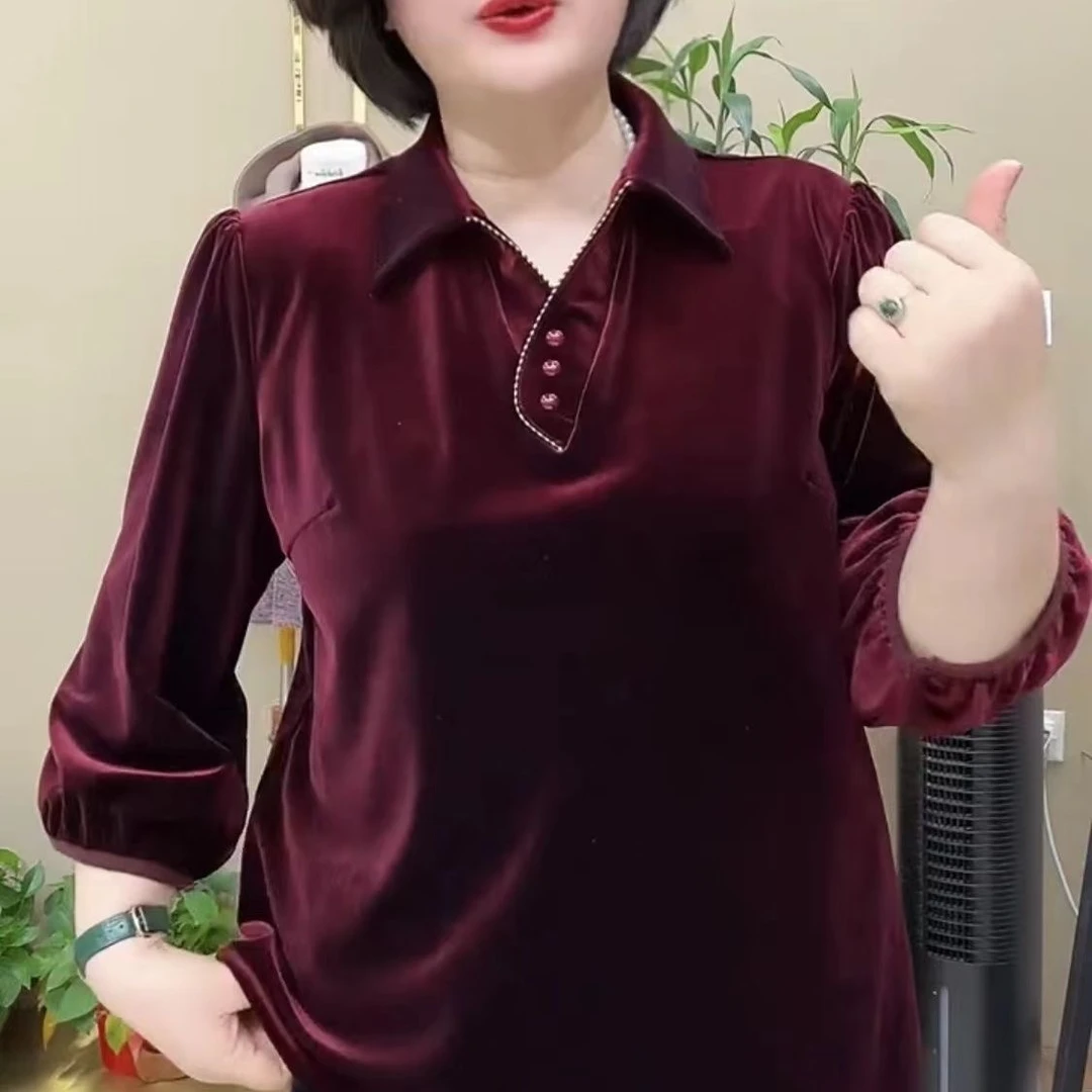 休闲时尚翻领中老年女装纯色丝绒秋季上衣打底衫高贵显气质妈妈装
