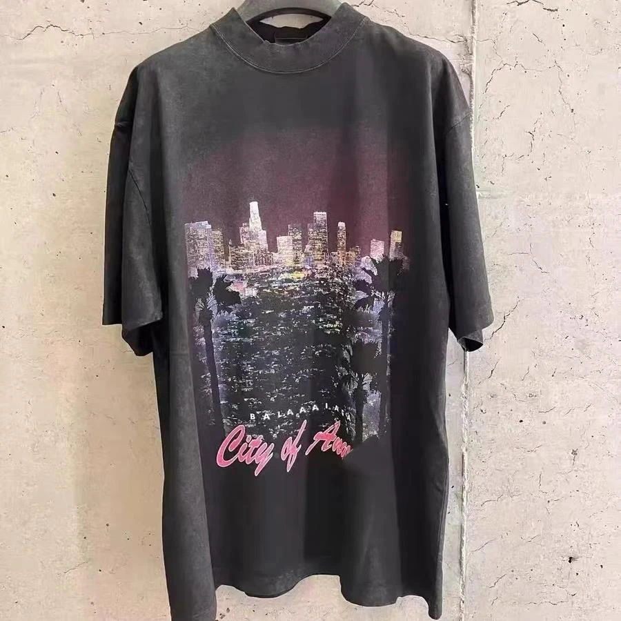 男装巴黎风洛杉矶夜景印花短袖恤男女同款宽松休闲水洗增高圆领