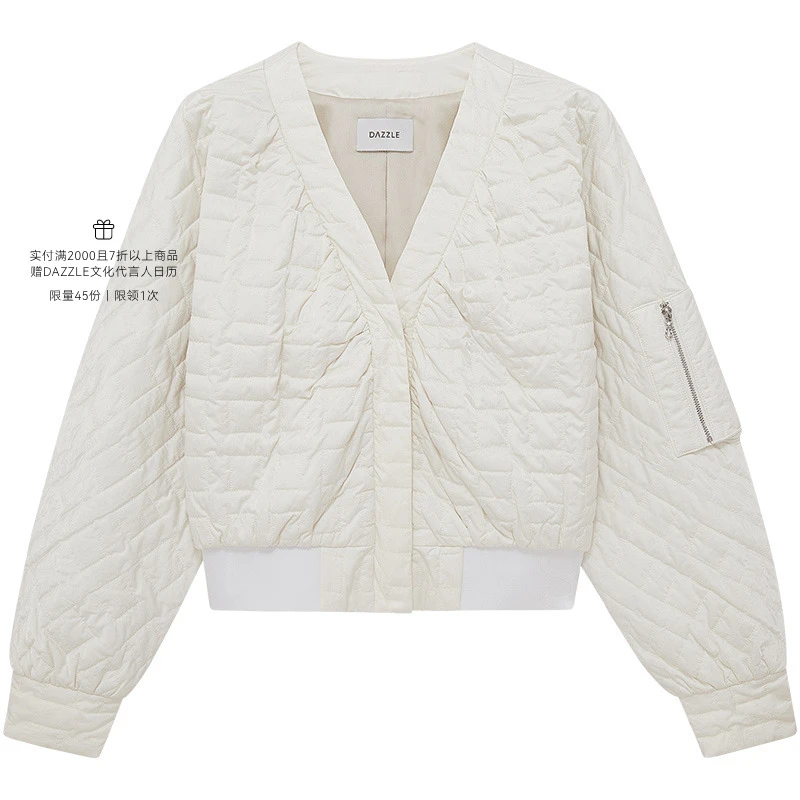 DAZZLE地素暗纹绣花棉缕小外套冬休闲V领白色短款2H4H216