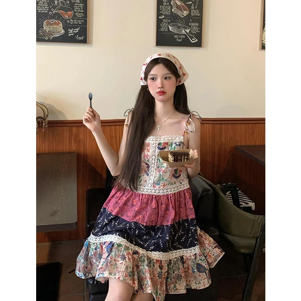 1514~波西米亚风海边撞色拼接吊带裙女夏季小个子系带碎花裙子