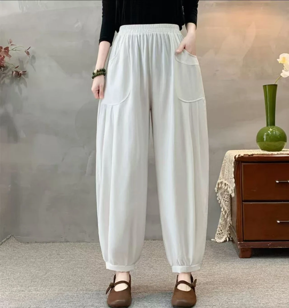 夏季新品薄款灯笼裤女松紧高腰纯色哈伦裤宽松休闲束脚九分裤