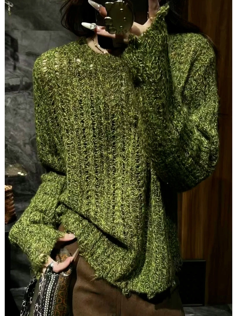 早秋氛围感穿搭慵懒风复古高级感巨好看漂亮绿色粗针织镂空罩衫女