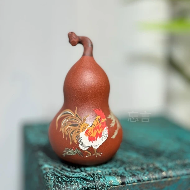 宜兴紫砂茶宠福禄葫芦精品公鸡老虎泥绘茶玩摆件