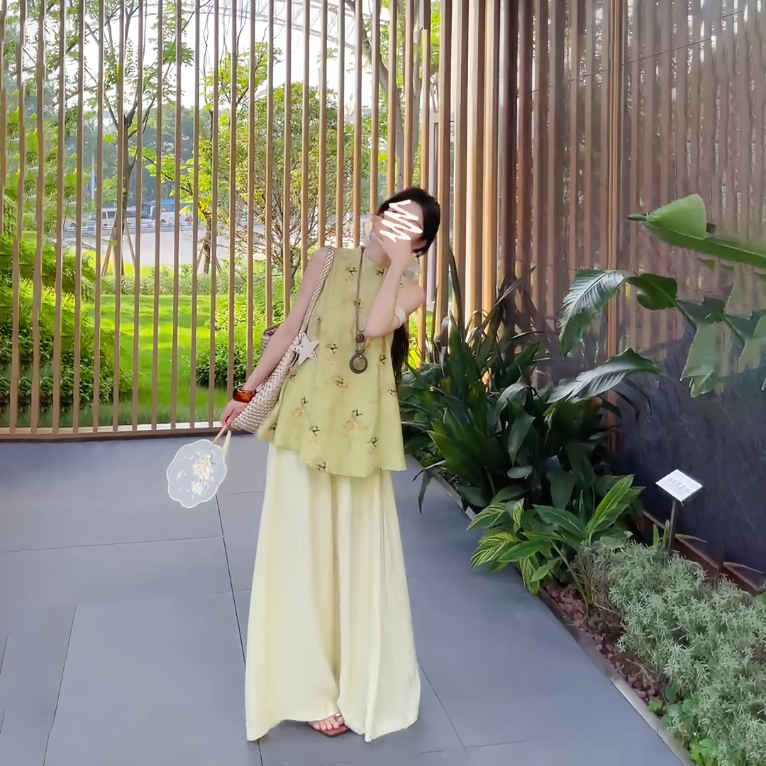 国风夏季新款小唐人古风气质无袖上衣加高腰松紧裤裙套装复古