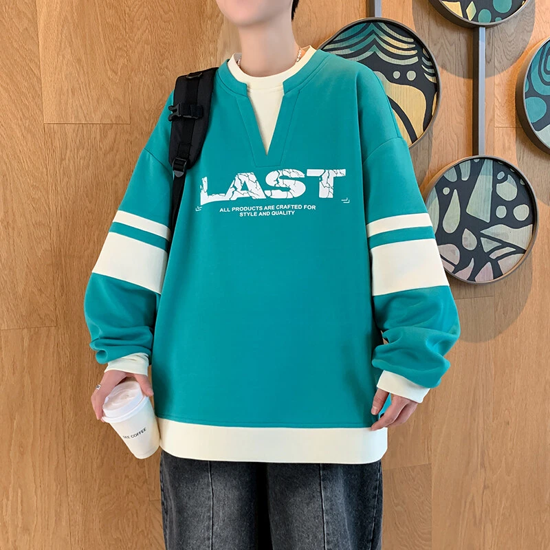 卫衣男春秋新款V领假两件打底衫宽松百搭时尚简约上衣男大童男装