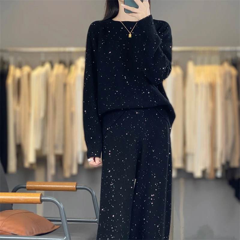 气质厚款圆领大亮片时尚套装休闲百搭针织气质阔腿裤