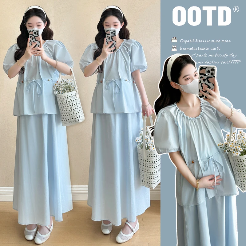 孕妇装法式短袖衬衫2025新款浪漫气质上衣半身裙夏季薄款两件套装