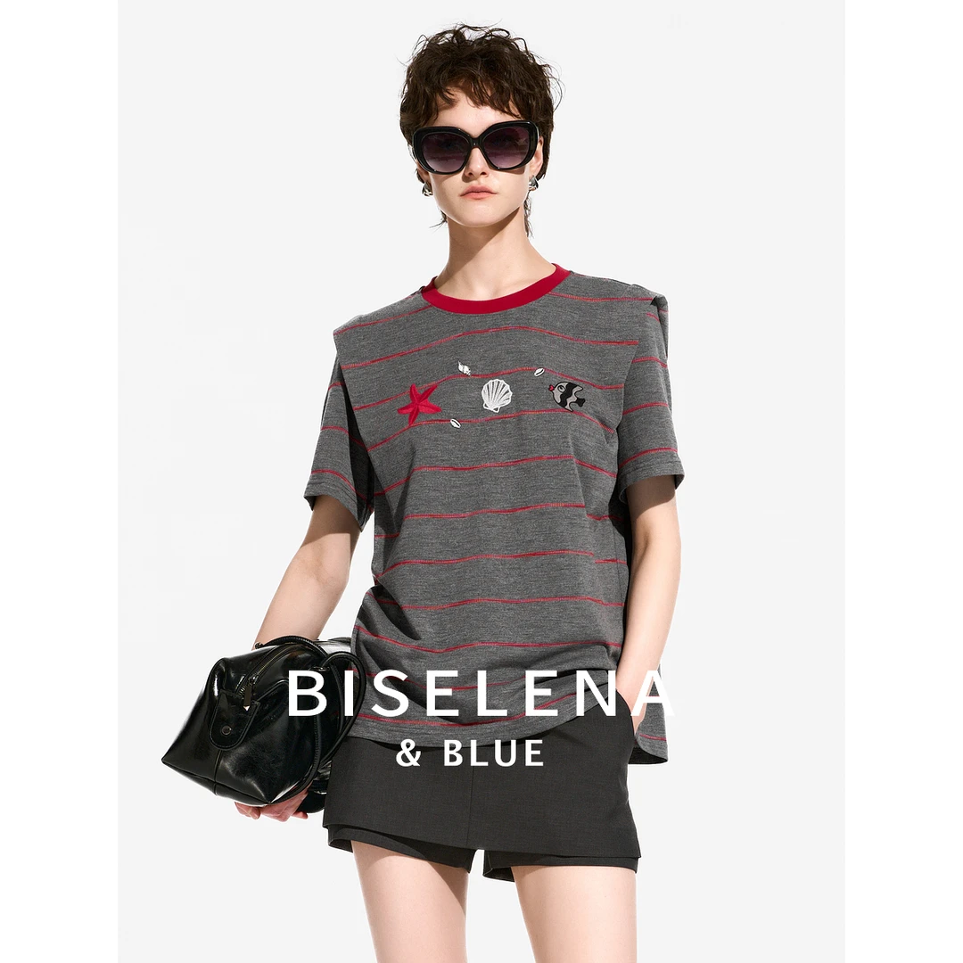 贝茜妮休闲拼色刺绣条纹短袖T恤女2025夏季新款百搭叠肩上衣