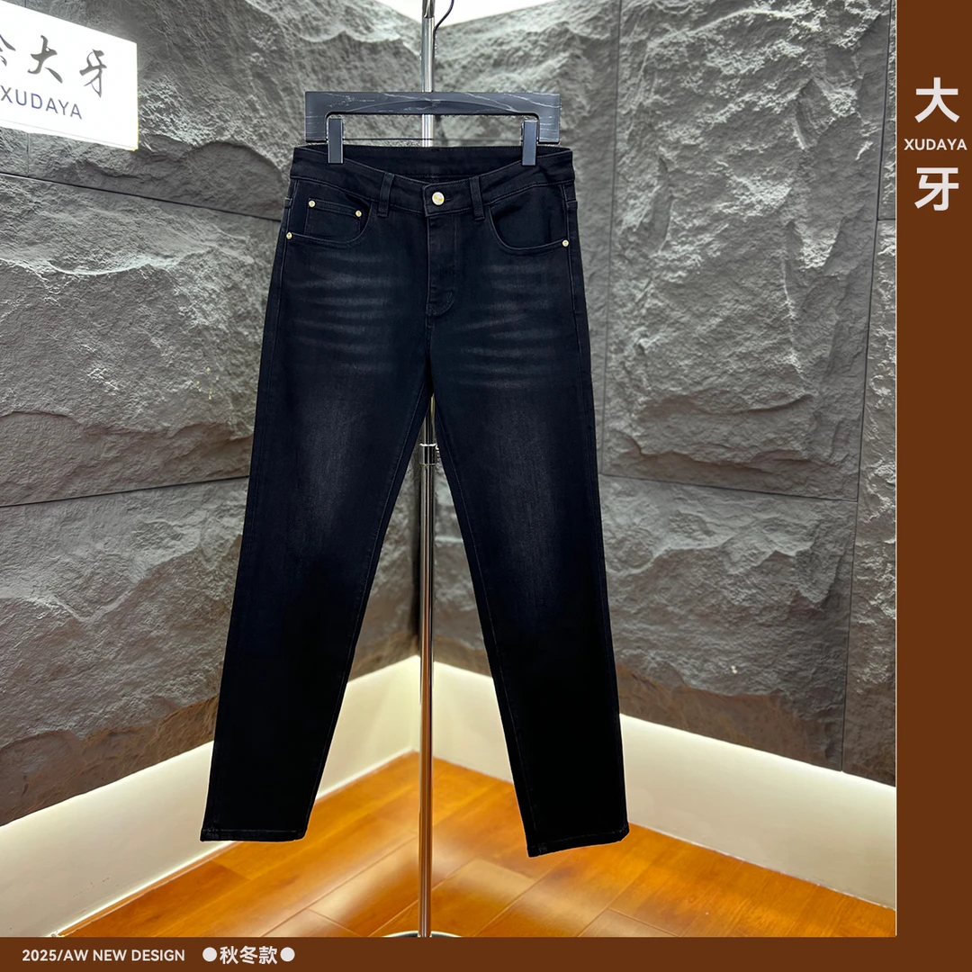 【大牙】215#黑灰色牛仔裤秋冬时尚高奢感个性印花男弹力小直筒