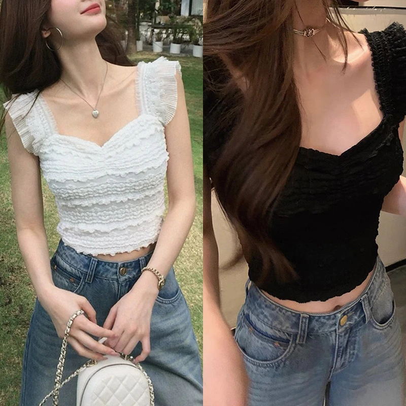 【mimius】L 森系仙女甜美弹力蕾丝飞飞袖吊带背心 G04412