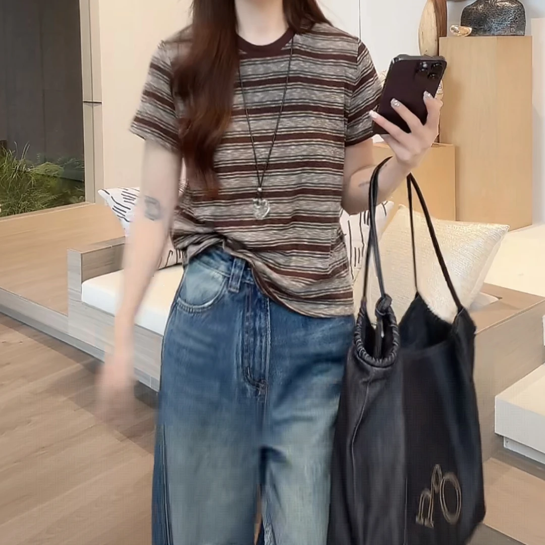 美式复古宽松慵懒舒适圆领撞色条纹短袖T恤女2025时尚百搭上衣