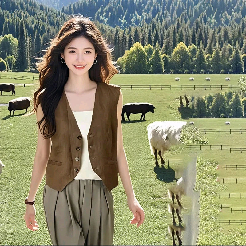 2025夏季时尚气质百搭舒适无袖马甲小众别致v领单排扣坎肩背心女