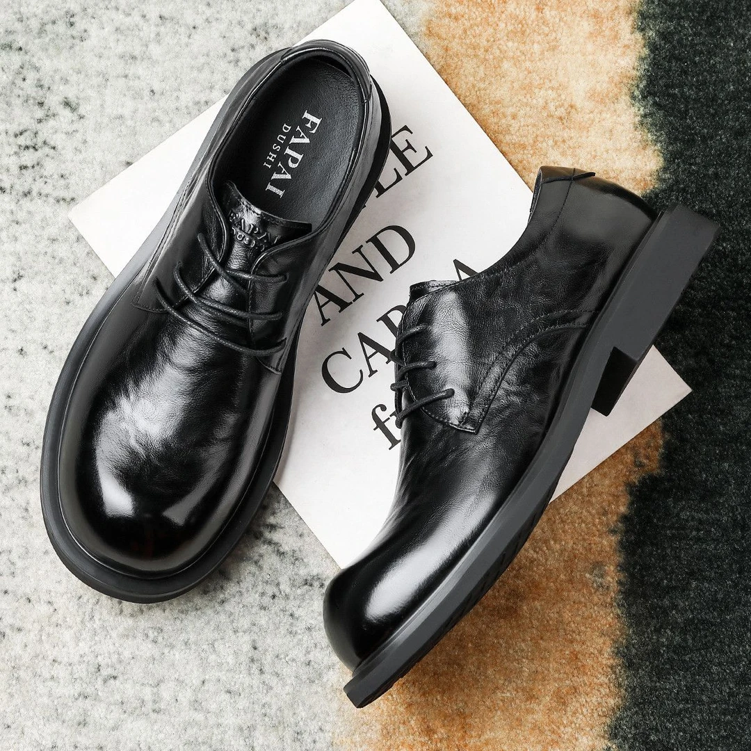 法派头层牛皮黑色正品德比鞋春秋款男士系带商务鞋英伦风休闲皮鞋