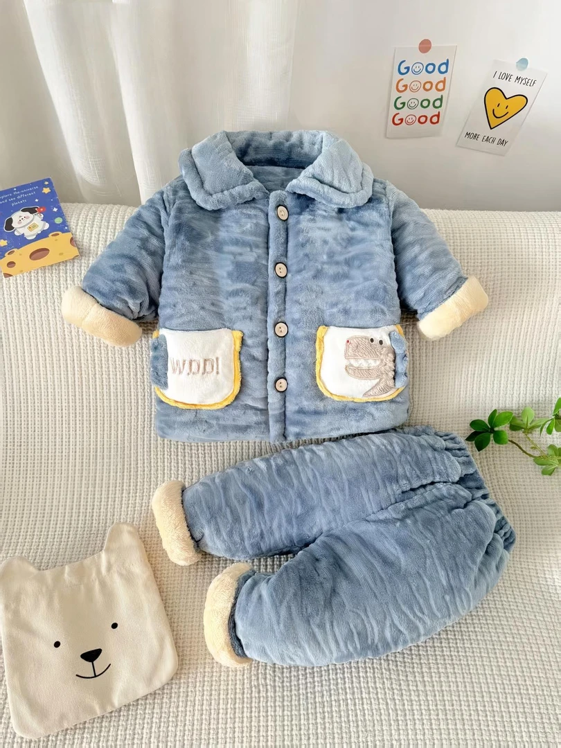 冬季男A类卡通风保暖家居服套装加绒韩版秋冬季男童