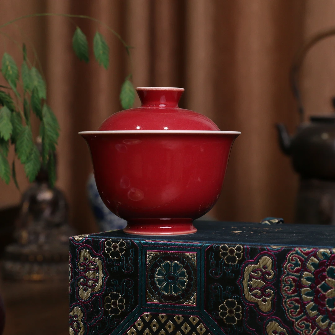 景德镇官方甄选 逸古堂 珊瑚红玉兰元宝两才盖碗