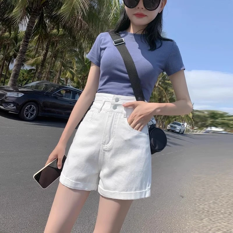 白色宽松牛仔短裤女夏季2025新款高腰阔腿a字卷边小个子薄款热裤