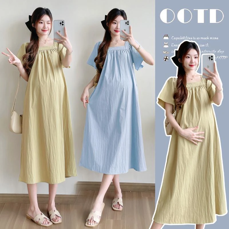 夏装新款孕妇装宽松遮肚甜美减龄方领辣妈外出连衣裙孕妇裙中长款
