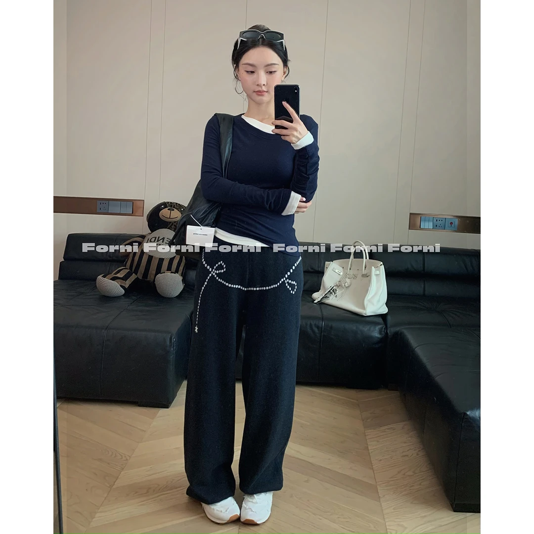 FORNI 表参道裤王 羊毛拼接针织阔腿裤小众时髦珍珠嵌花休闲裤