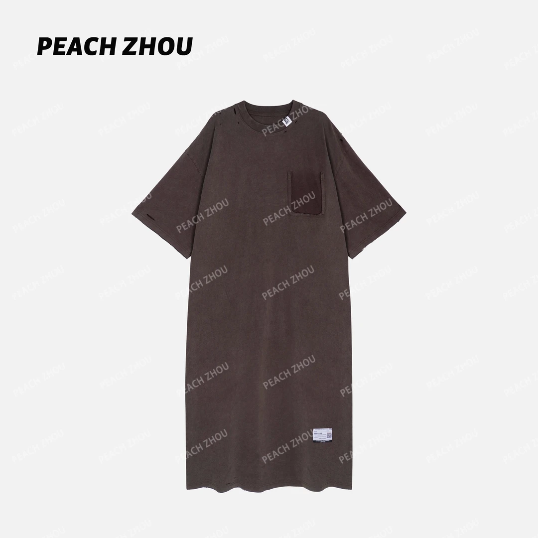 『PEACHZHOU』做旧水洗破坏口袋宽松休闲美式复古圆领长款T恤连衣裙