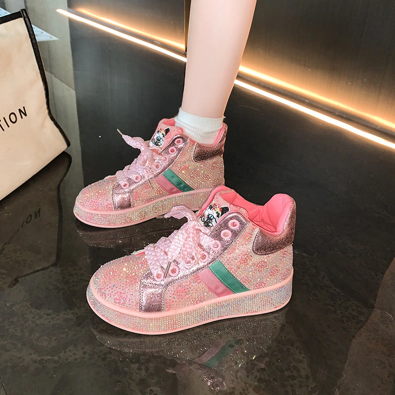 欧洲站满钻高帮板鞋女2025新款春季大码女鞋41-43厚底网红运动鞋