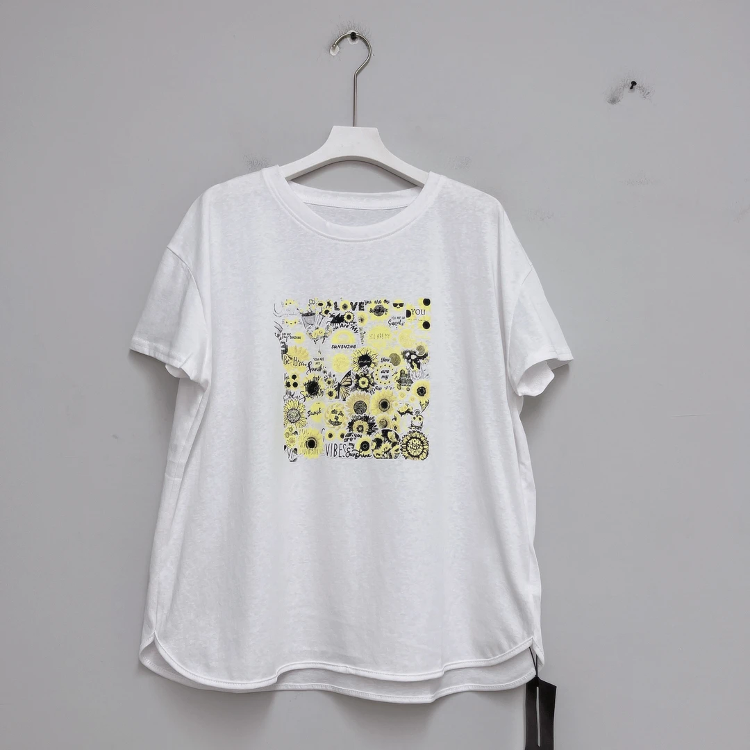 338女装T恤白色时尚休闲夏季宽松印花圆领衬衫