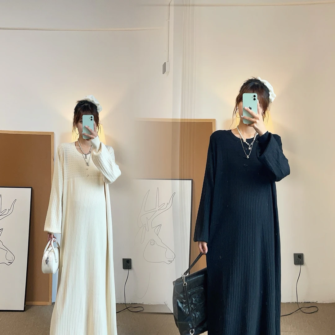 孕妇装时尚气质韩版连衣裙中长款过圆领2025新款宽松孕期针织裙子