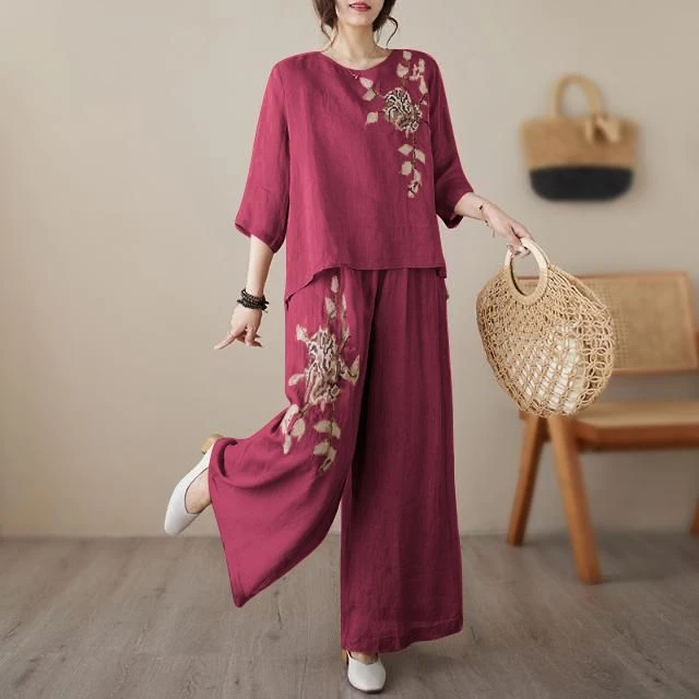 【现货+运费险】棉麻复古刺绣女时尚轻薄阔腿裤显瘦两件套装Y1001