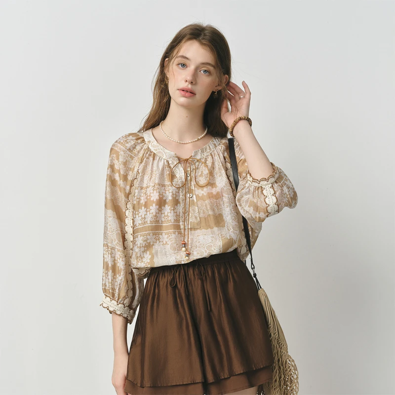 范思蓝恩度假衬衫拼蕾丝花边设计衬衣女夏季2025新款25FS12886