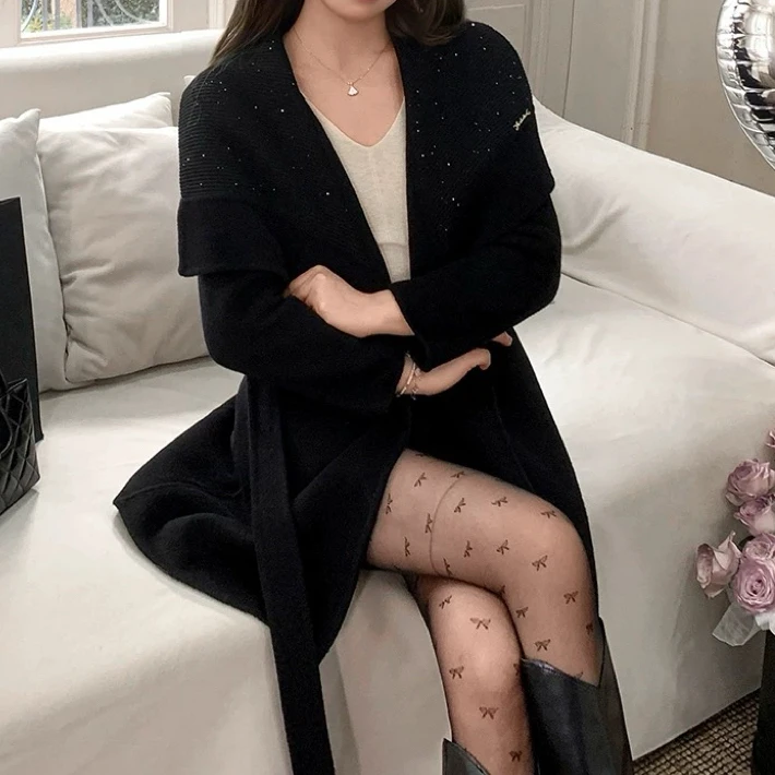 816-A冬款高级亮片针织拼接翻领中长款系带收腰双面毛呢大衣