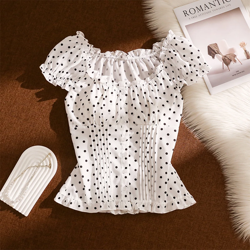 甜美纯欲风波点吊带背心女夏季外穿收腰显瘦一字肩泡泡袖抹胸上衣