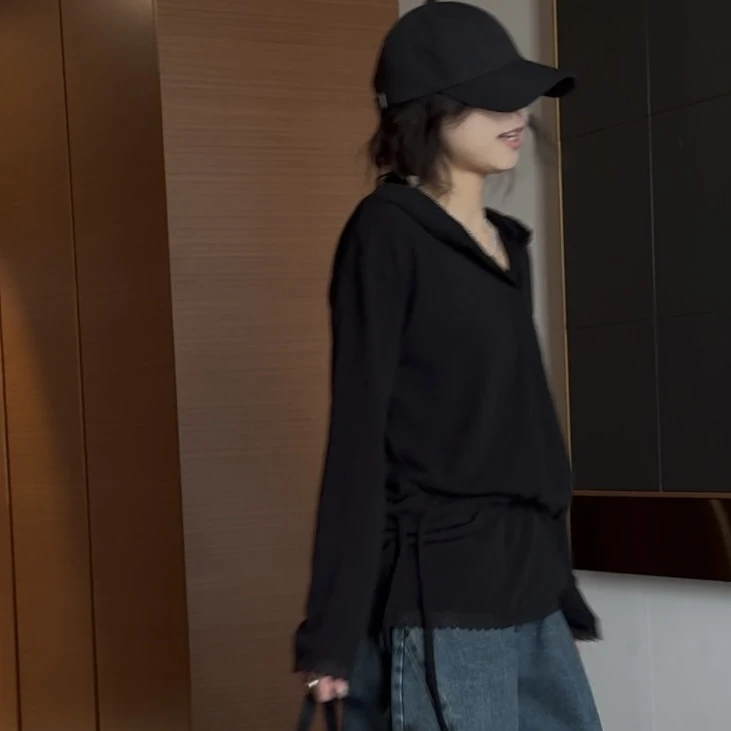 ｛귤 언니｝ab自留连帽蕾丝拼接衫