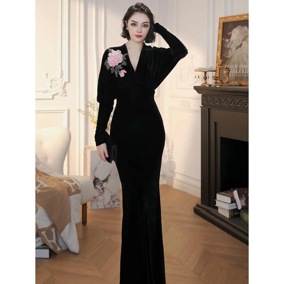 XUANYAN 轻奢气质长款复古法式显瘦丝绒连衣裙