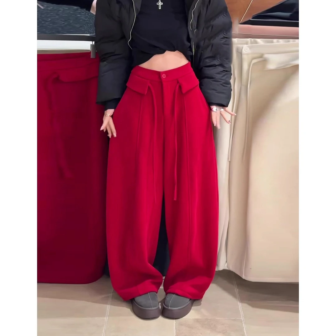 加绒加厚毛呢裤子女冬季高级时尚百搭宽松西装休闲裤超好看弯刀裤