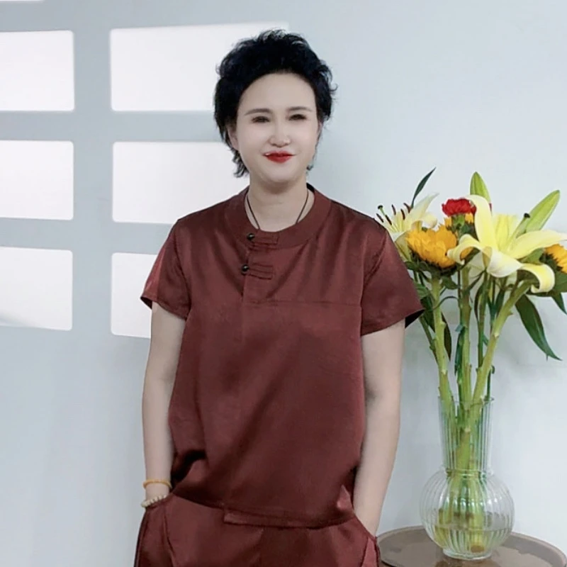 夏季中年大码复古妈妈装休闲圆领修身型T恤新中式中老年时尚