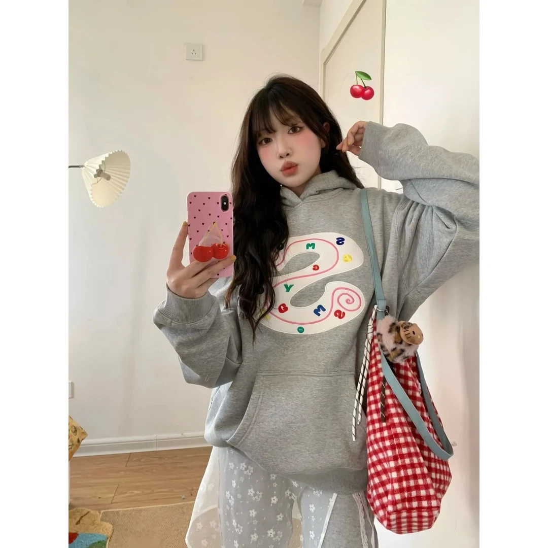 彩色字母印花灰色连帽卫衣女秋冬加绒加厚宽松百搭潮牌慵懒风外套