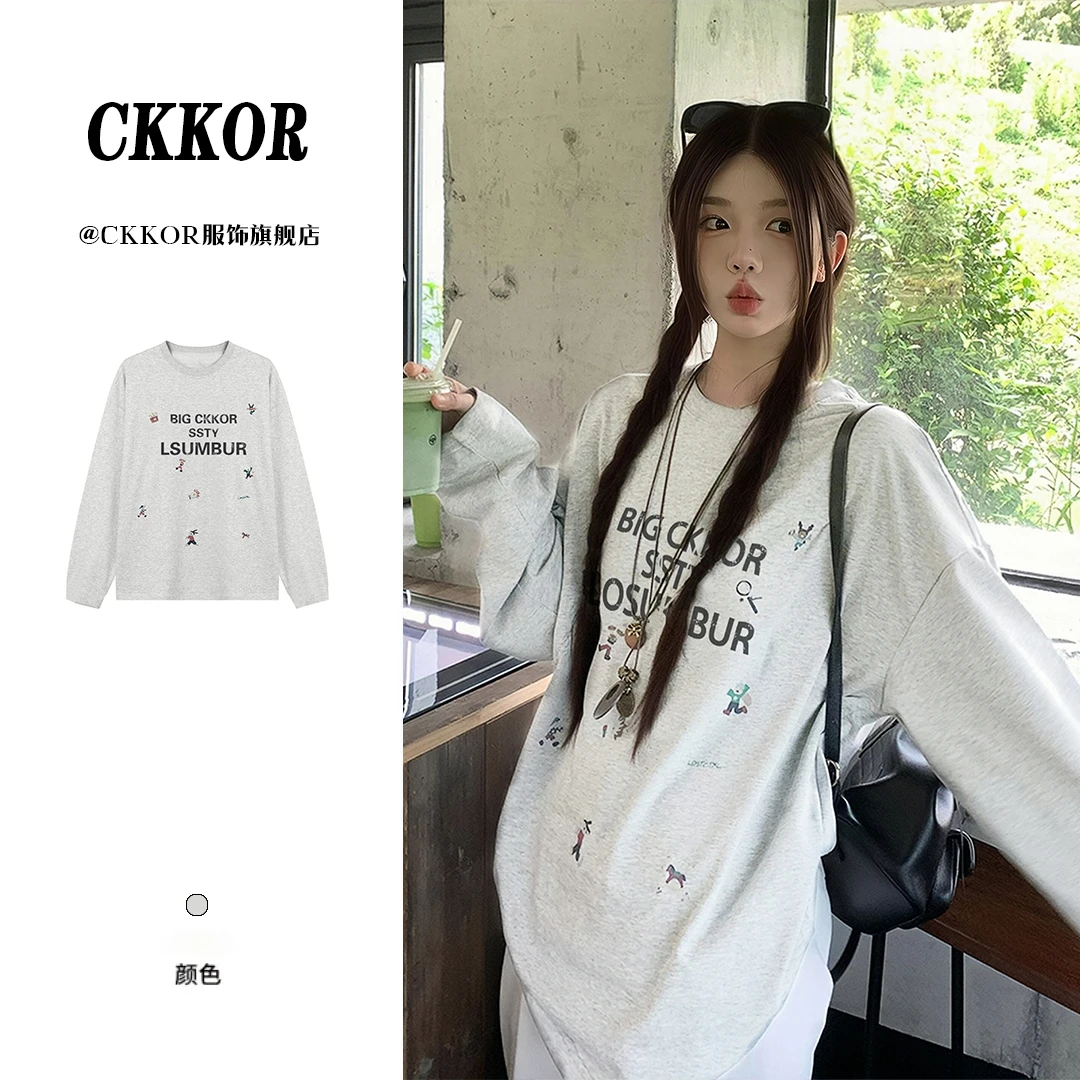 CKKOR美式复古圆领长袖女早秋字母印花纯棉t恤学院风百搭休闲上衣