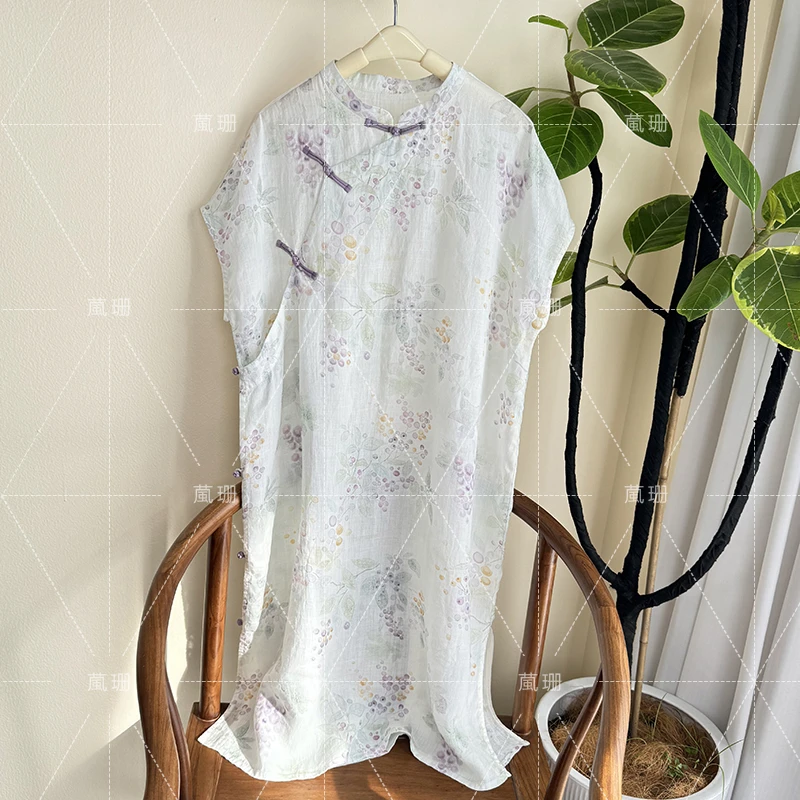 【花间集】夏季印花苎麻复古盘扣立领月亮袖连衣裙袍子52367