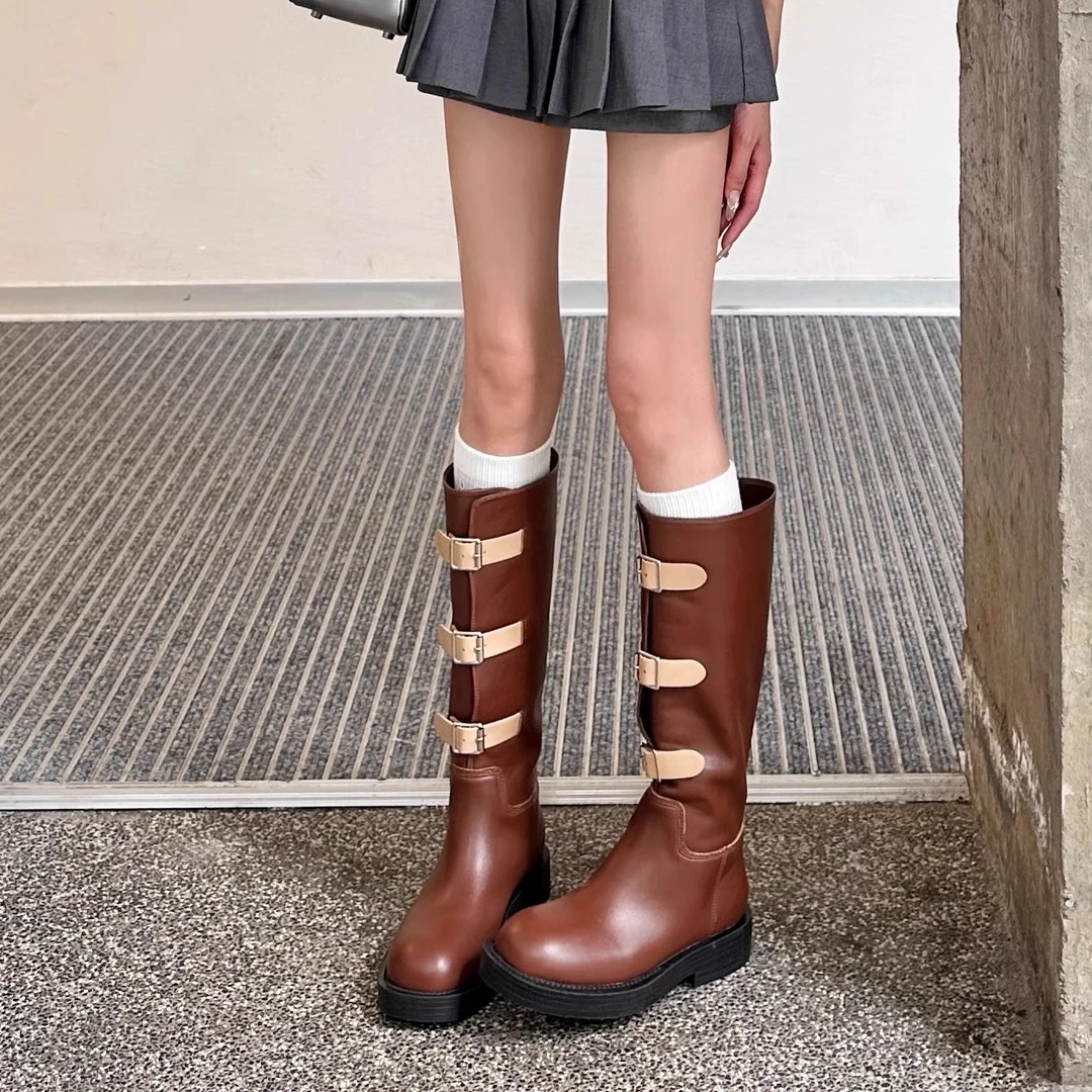 小众设计复古皮带扣长筒靴女不过膝2025秋冬新款粗跟高筒骑士靴潮