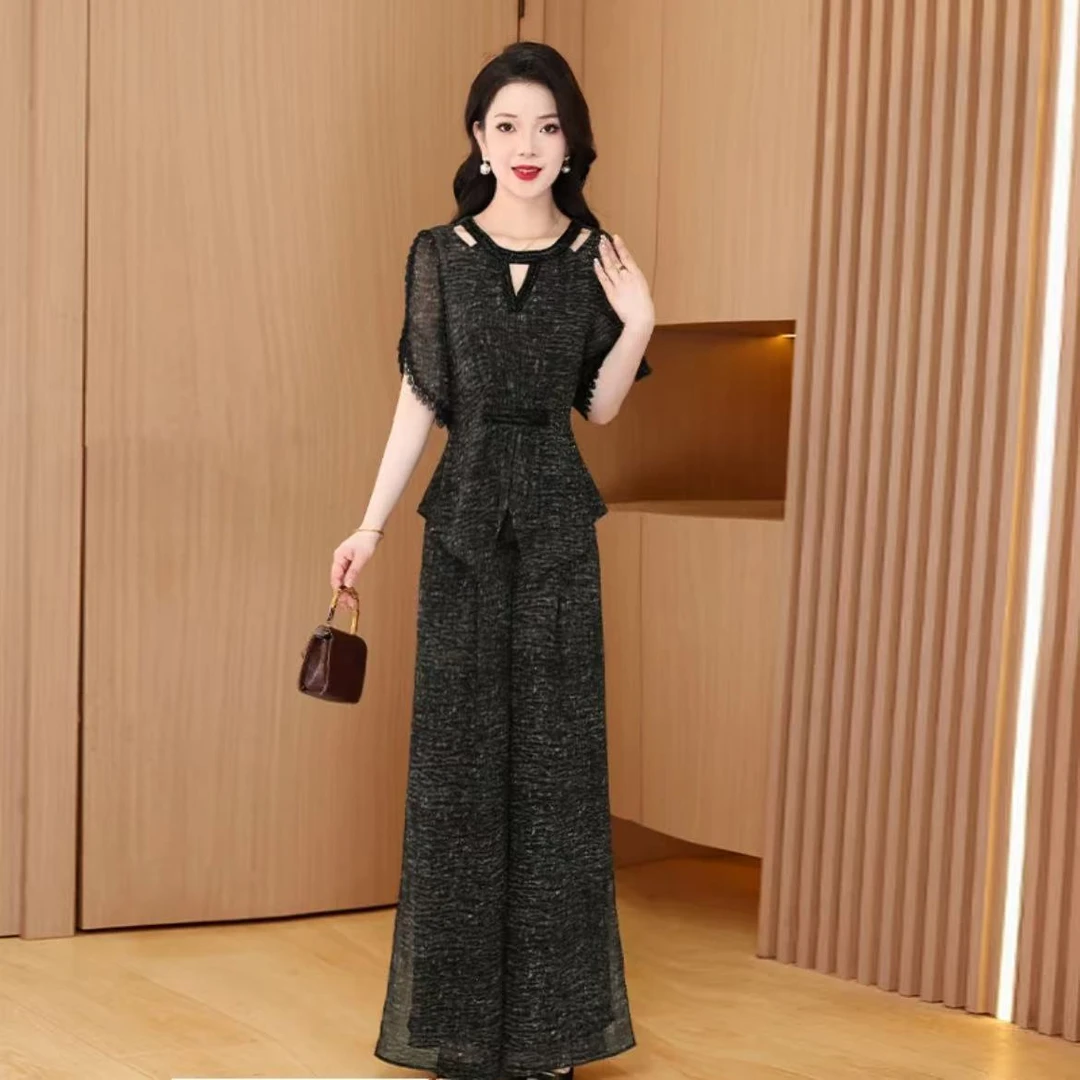 【两件套】2025夏季贵夫人气质时尚宽松大气休闲修身显瘦套裤