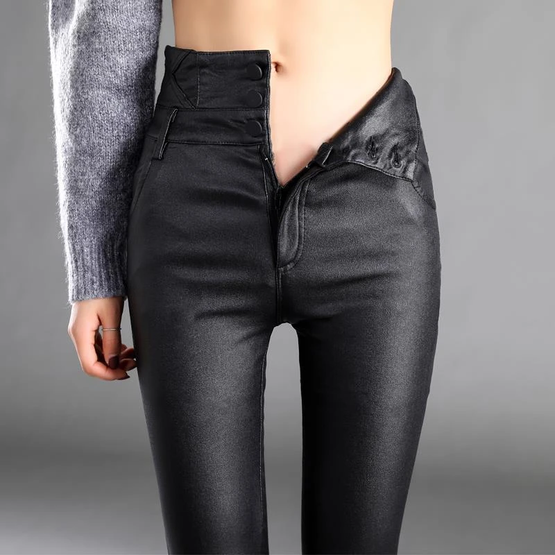 时尚排扣酷飒风高腰皮裤女秋冬新款加厚加绒PU亚光弹力磨砂长裤子