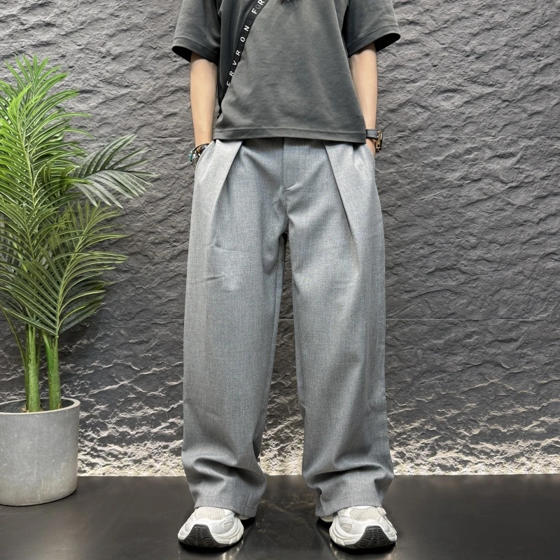 单褶纯色简约西装长裤男士通勤直筒宽松阔男士工装纯色直筒阔腿裤